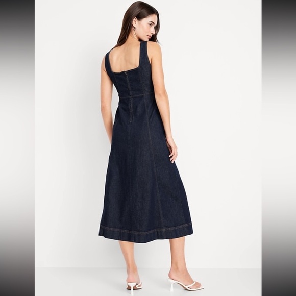Denim dark blue wash fit and flare square neck midi dress NWT Small - Picture 2 of 7
